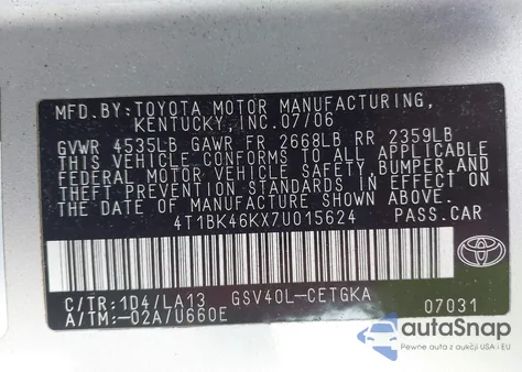2007 Toyota Camry Xle V6 z USA, uszkodzony, nr VIN 4T1BK46KX7U015624